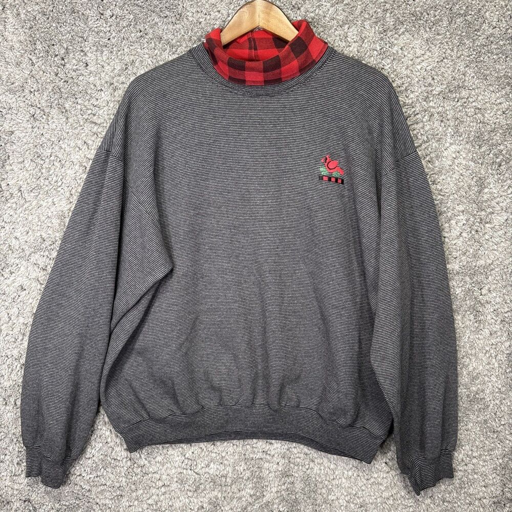 Vintage 90s Womens Turtle Neck Sweatshirt Embroidered Bird XL Plaid Stripes